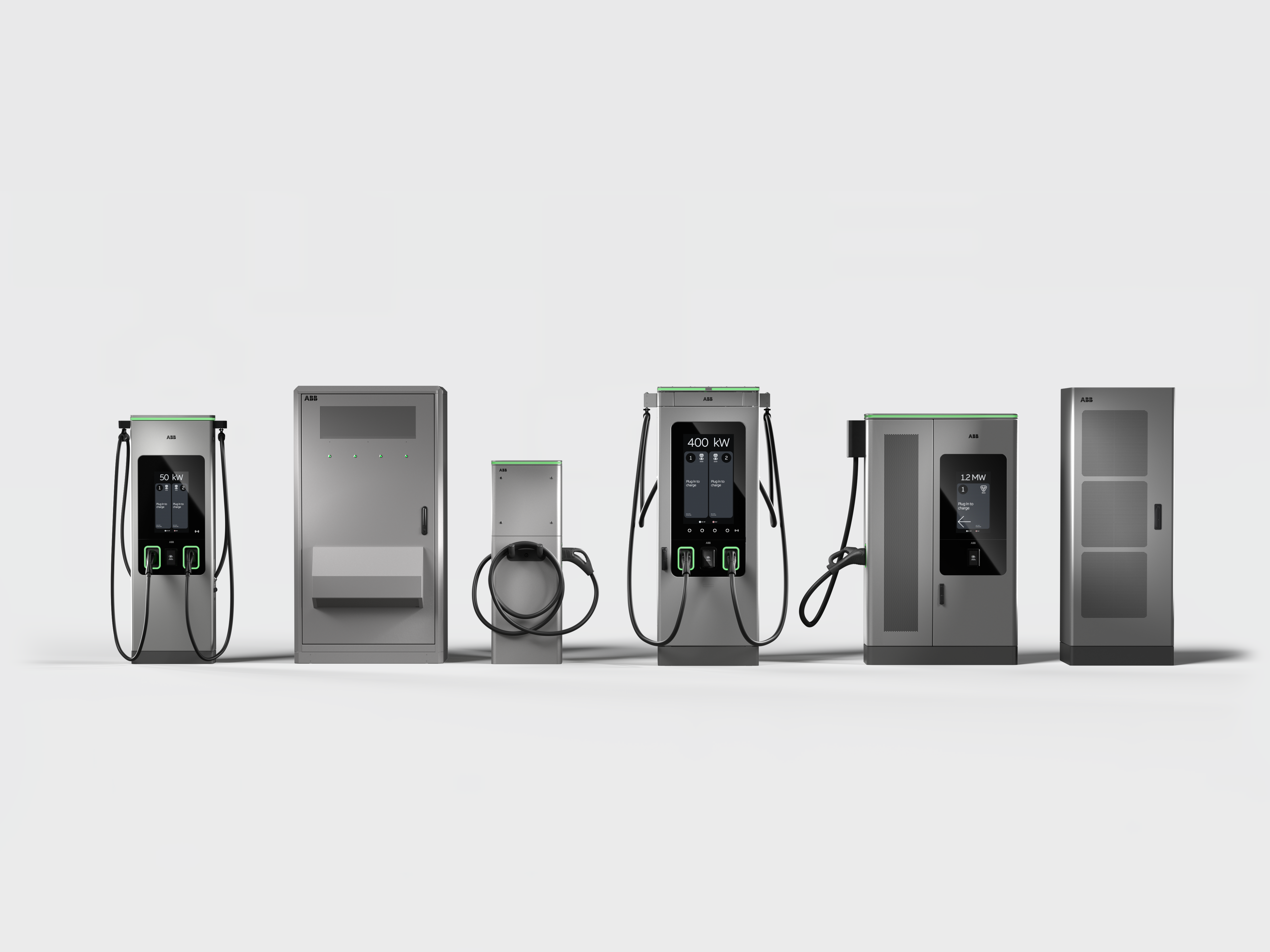 The picture shows the EV charging solution portfolio of ABB E-mobility