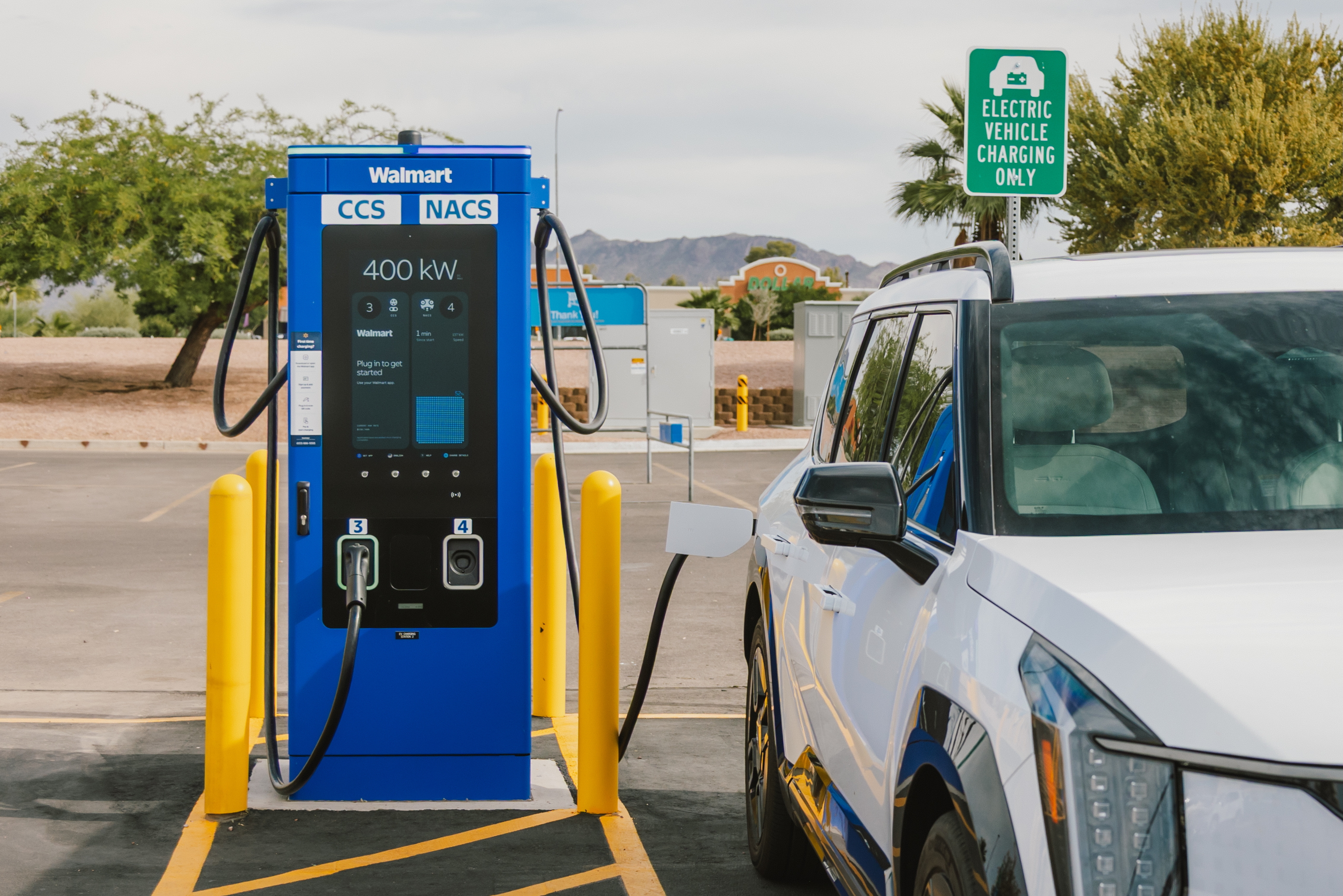 A car charging with a Wallmart-branded A400 charger