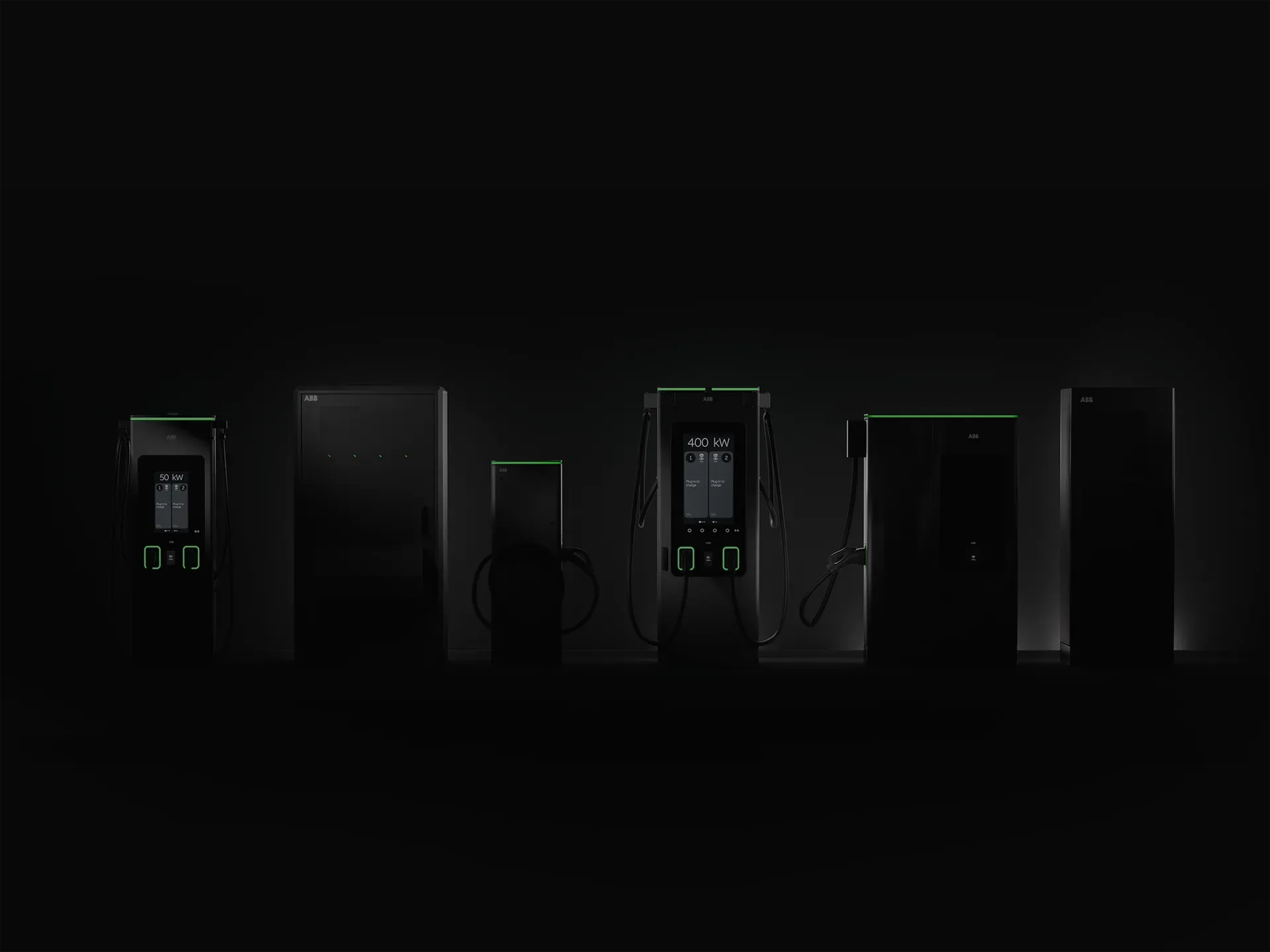 ABB E-mobility next-generation chargers in a line with dark, mysterious lighting