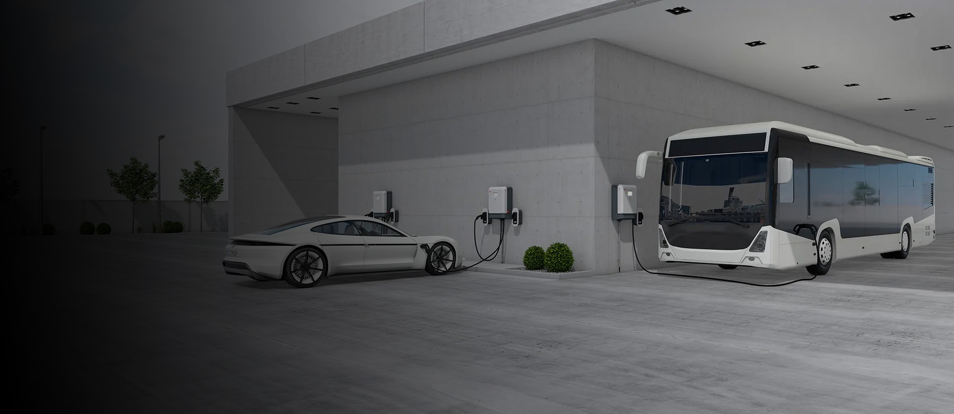 DC Wallbox charger installed outdoors, charging an electric car and bus