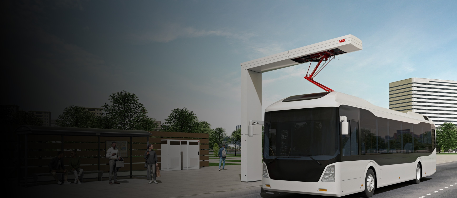 Electric bus charging via a pantograph-down next to a bus stop