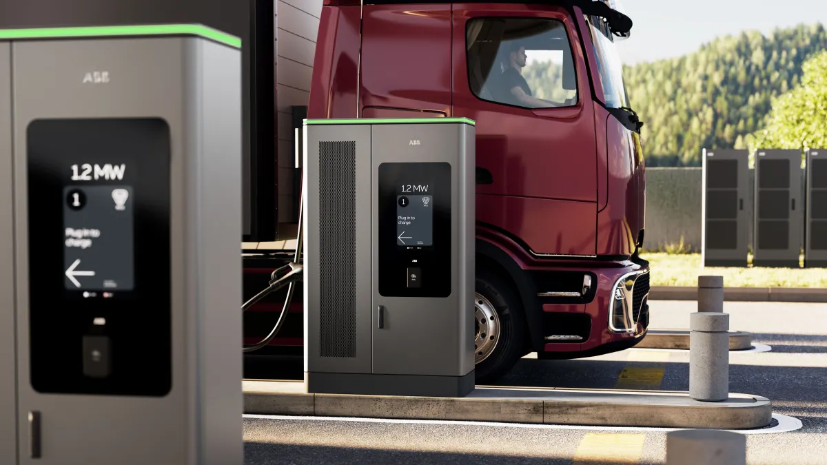 The picture shows ABB E-mobility's new megawatt charging solutions for electric trucks MCS1200