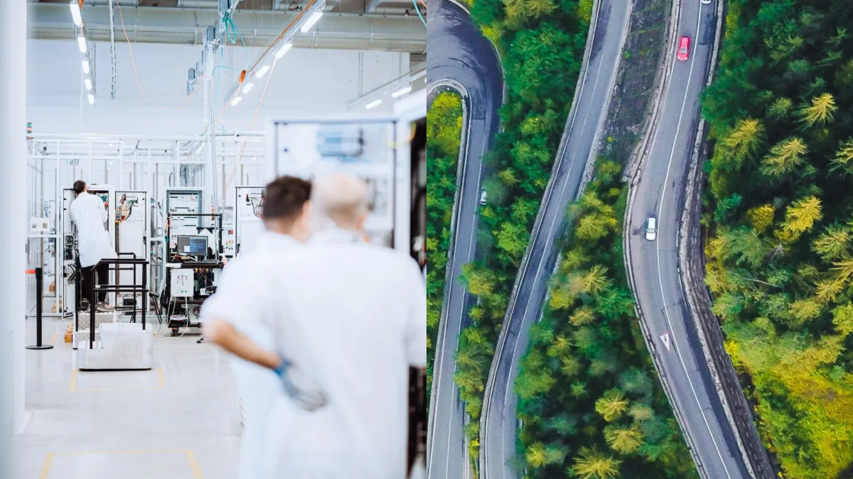 Split-screen of engineers working in an EV manufacturing facility next to a curving road through a lush green forest