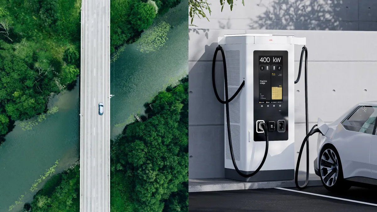 Split-screen of an electric vehicle charger connected to a car next to a street heading over green forest and a river