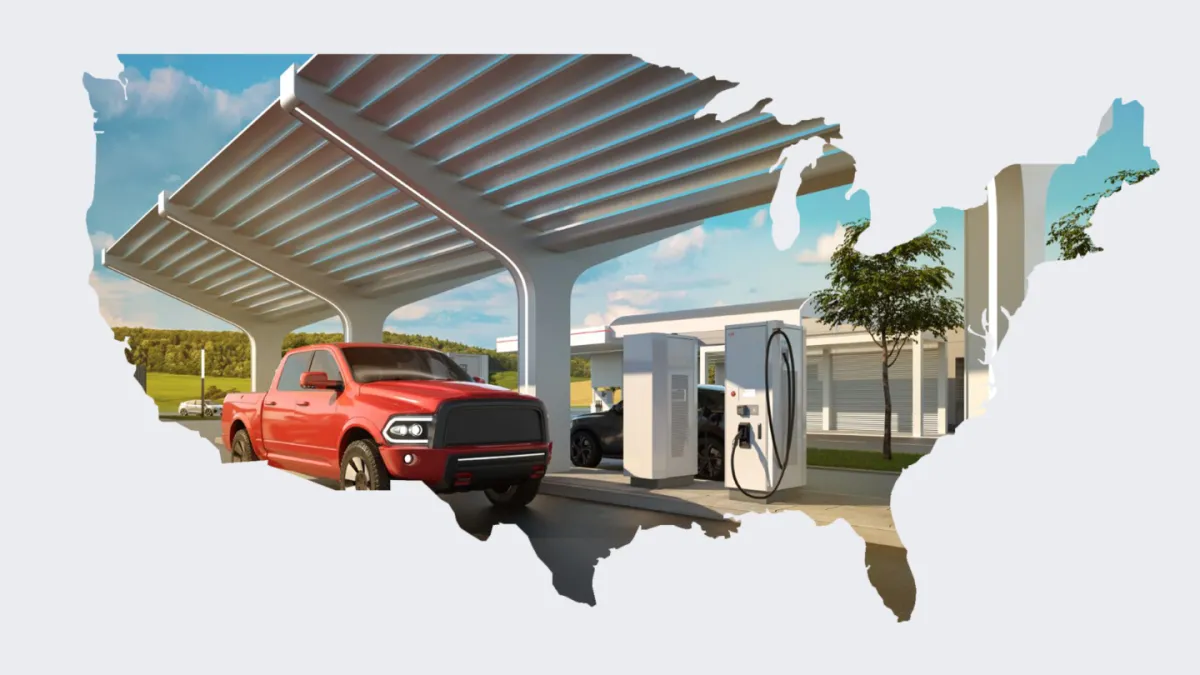 Illustrated U.S. map with NEVI‑compliant ABB chargers