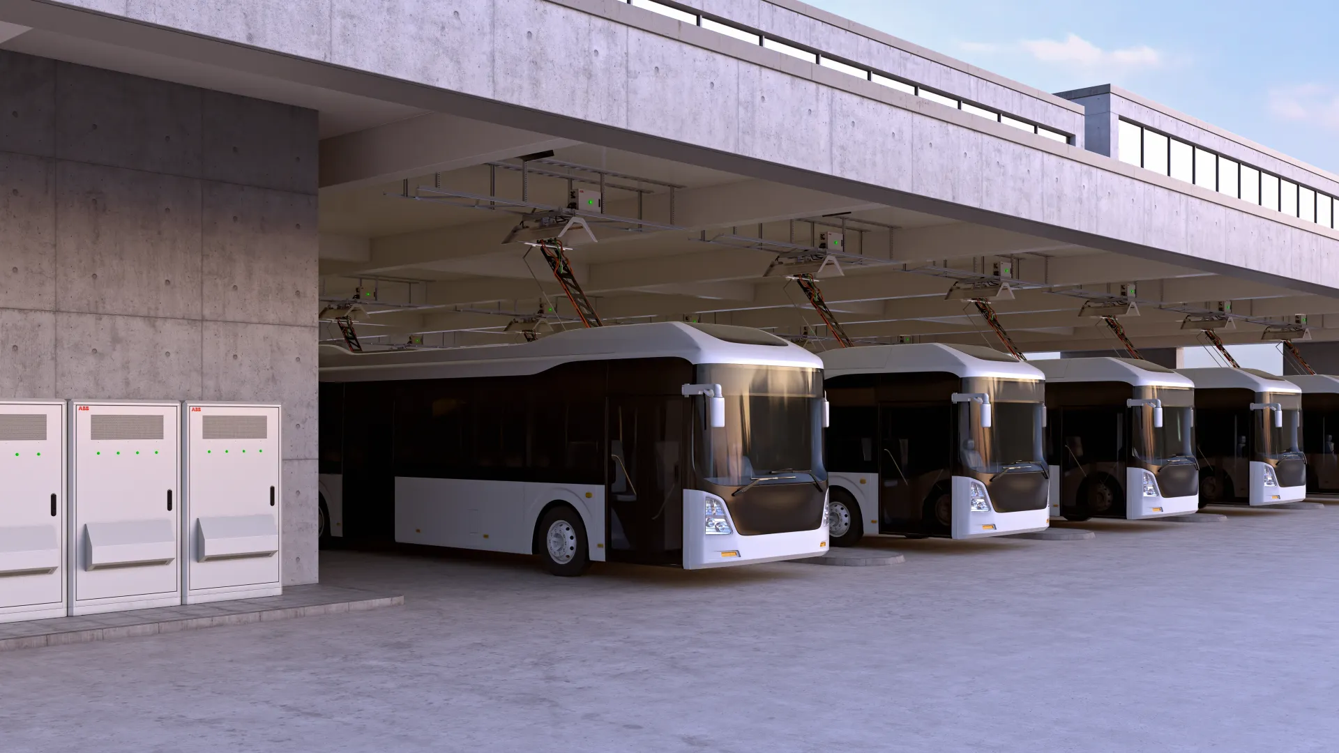 Electric buses charging in a row at a bus depot