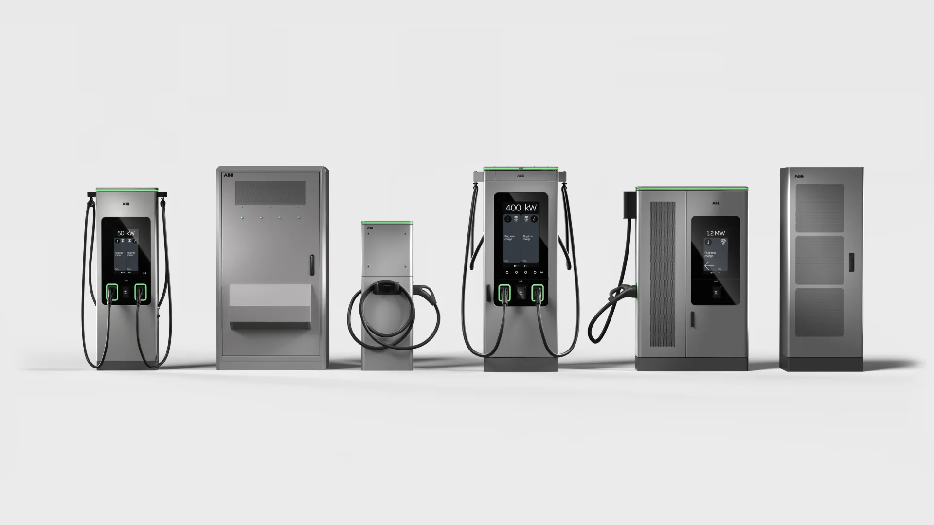 The picture shows the EV charging solution portfolio of ABB E-mobility