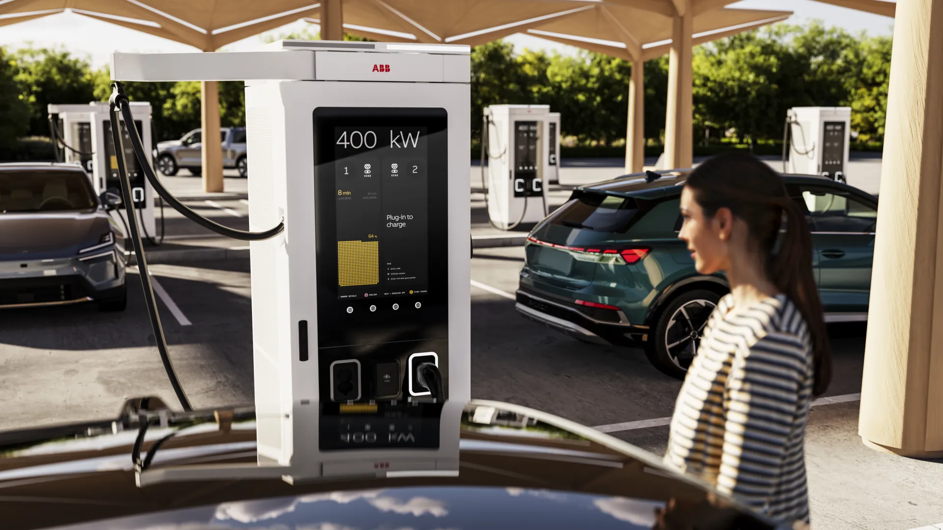 Car being charged at a public charging station designed for on-the-go convenience