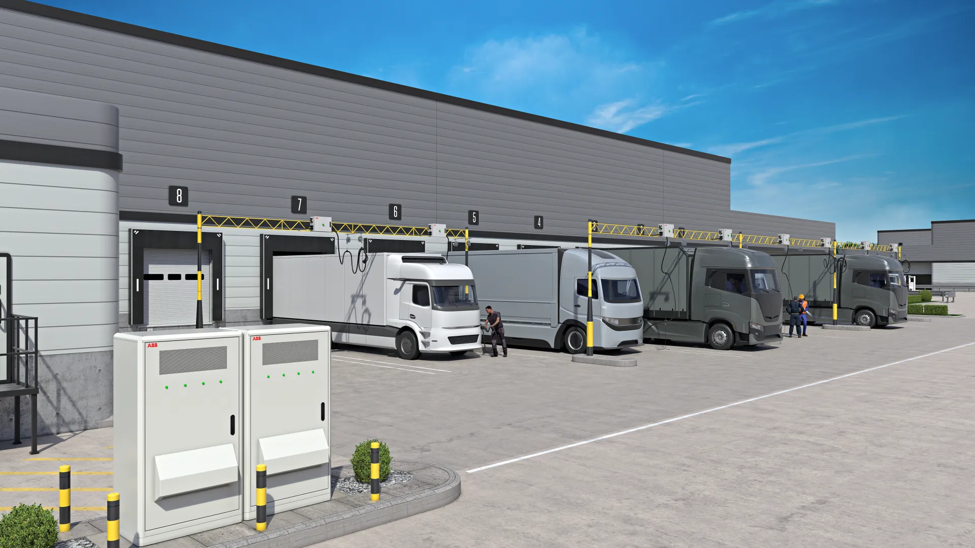 Logistics warehouse with EV fleet trucks charging