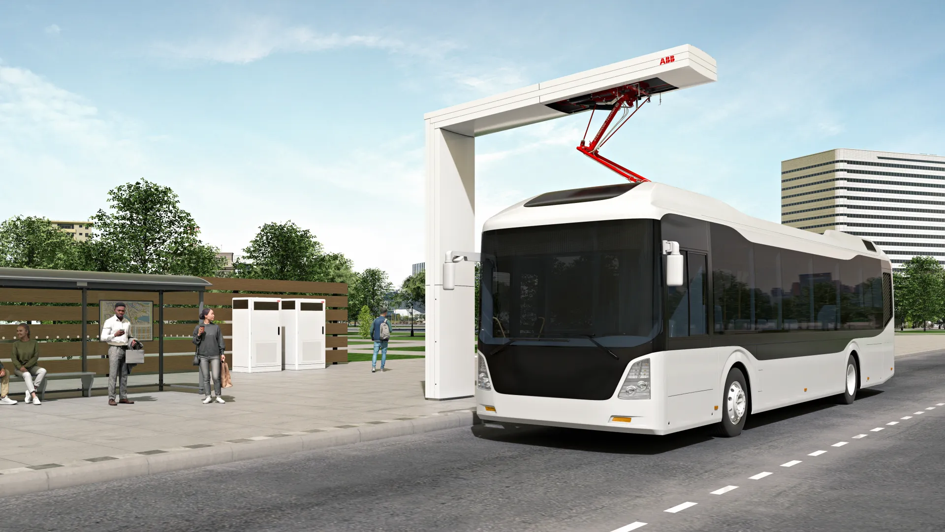 Electric bus using a pantograph charging system at a transit station