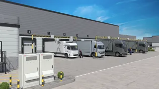 Logistics warehouse with EV fleet trucks charging