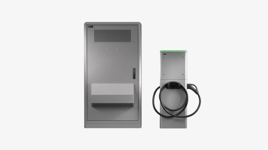 ABB E-mobility's HVC360 power cabinet and ChargeDock dispenser