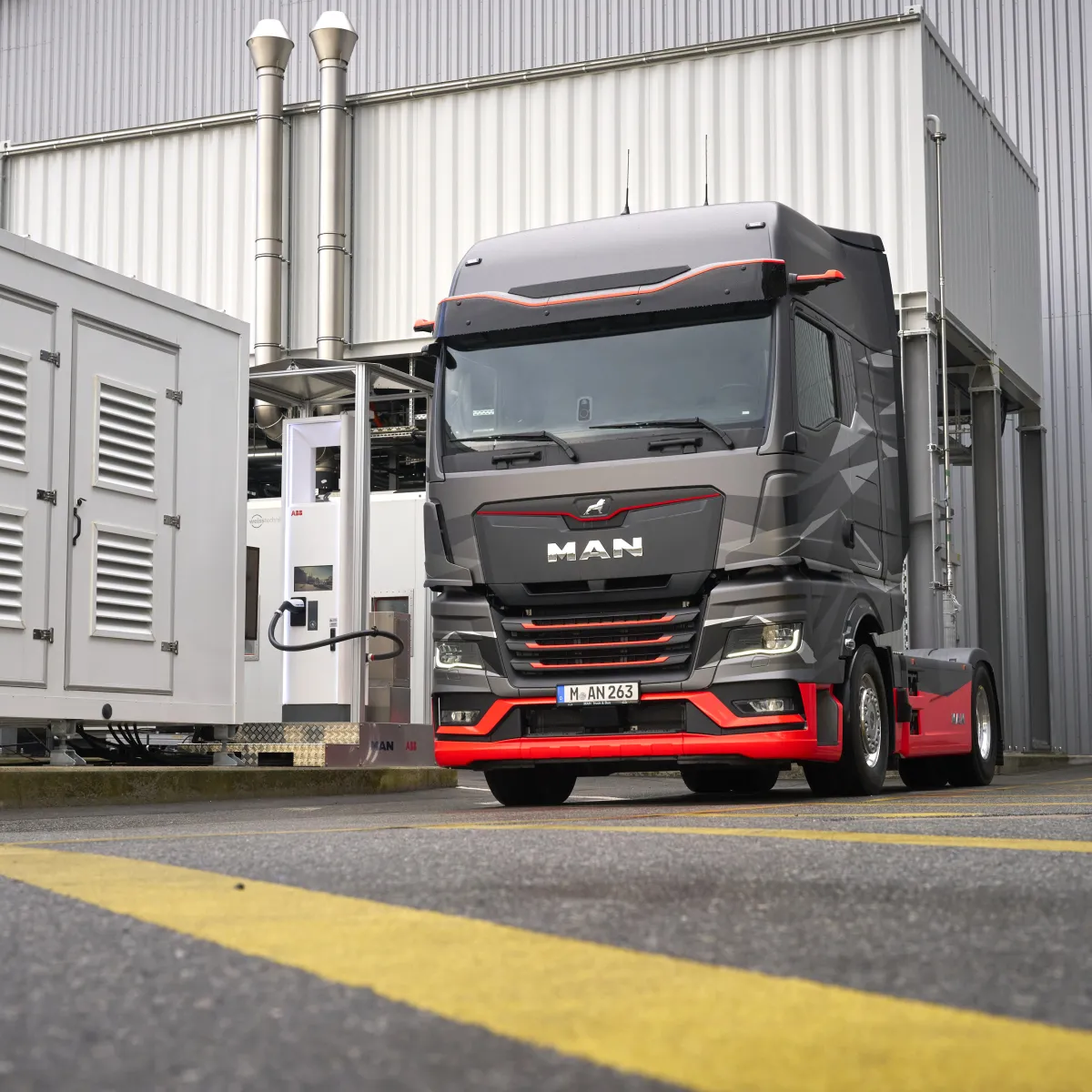 ABB E-mobility MCS proof of concept charger and MAN truck at MAN's R&D site in Munich
