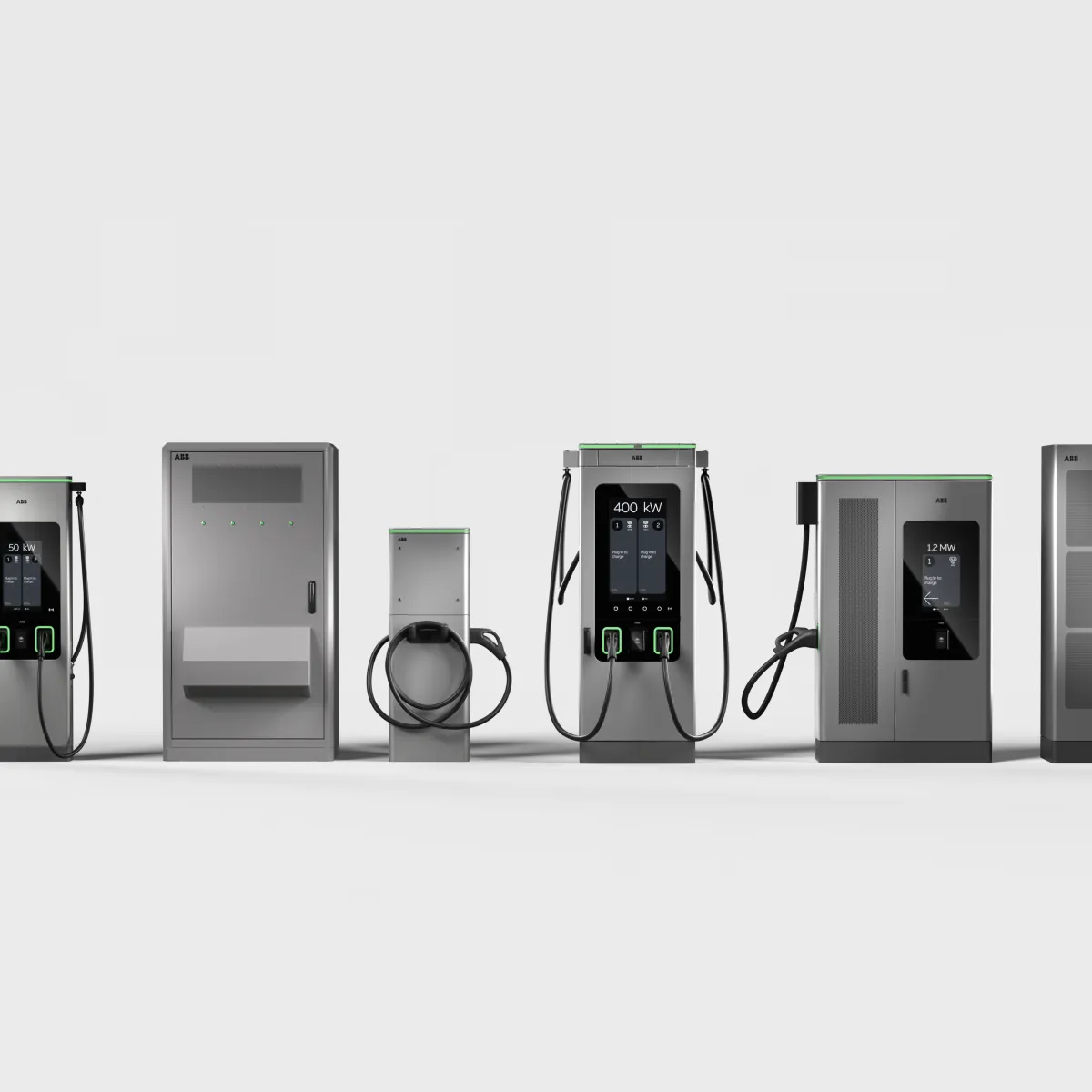 The picture shows the EV charging solution portfolio of ABB E-mobility