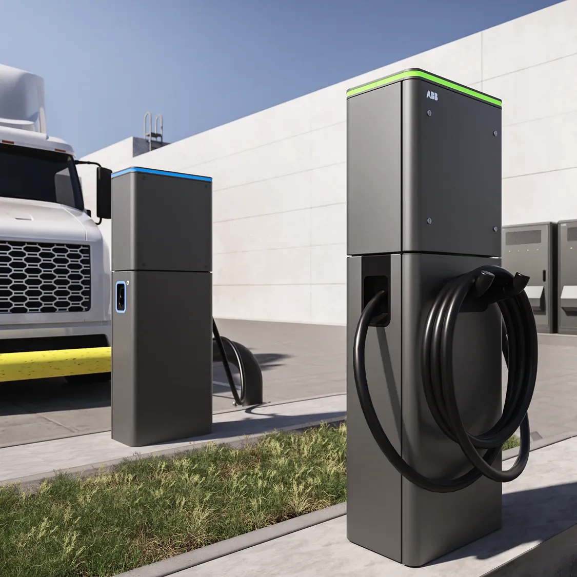 Trucks utilizing ChargeDock dispensers in a depot setting