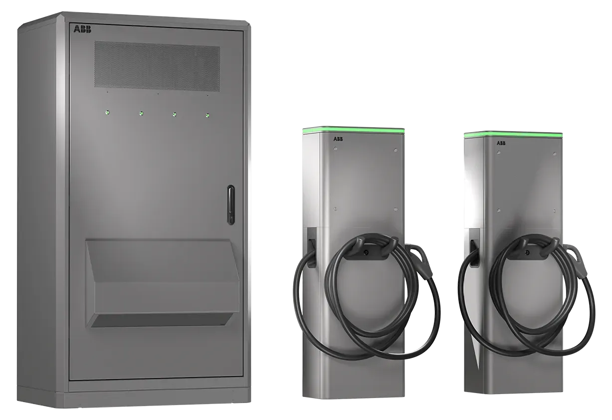HVC360 power cabinet and two ChargeDock dispensers pedestal-mounted