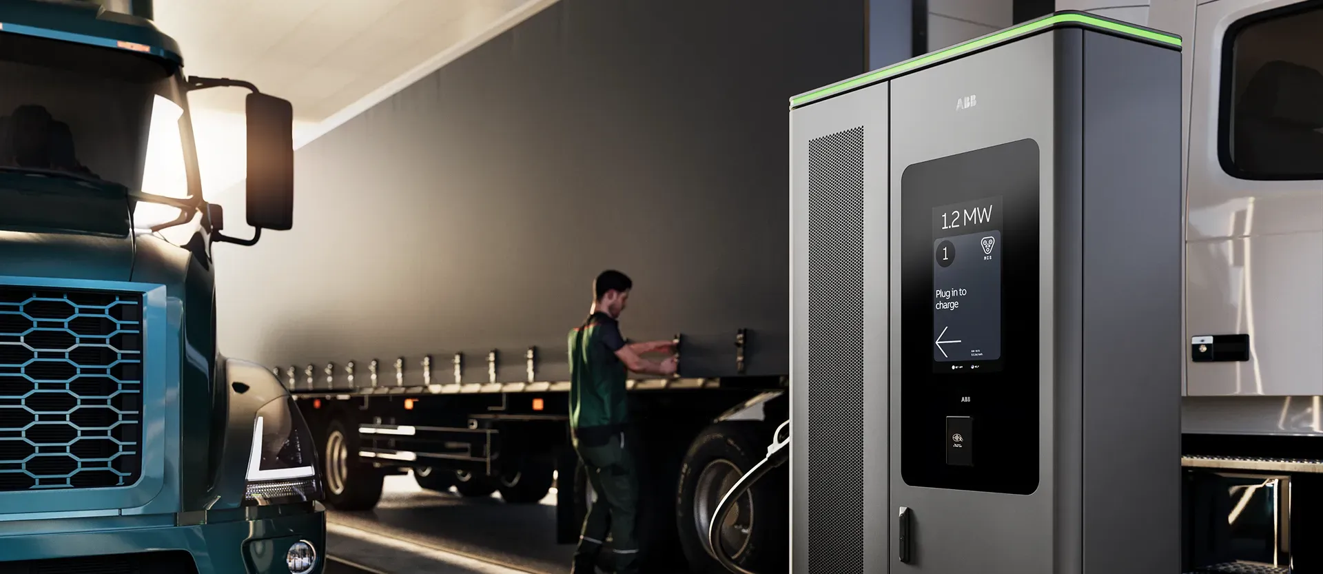 MCS1200 charger ready for use at a truck-charging bay where a driver checks his truck